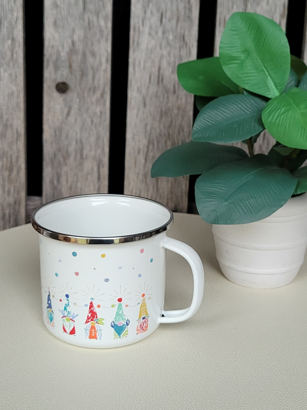 World Market White Enamel Holiday Mug with Colorful Gnomes & Lights